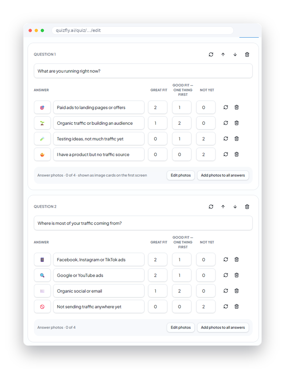 QuizFly building a quiz's questions, answers and encouragement screens
