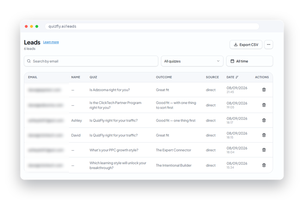 QuizFly leads table showing quiz, result, source, and submission date