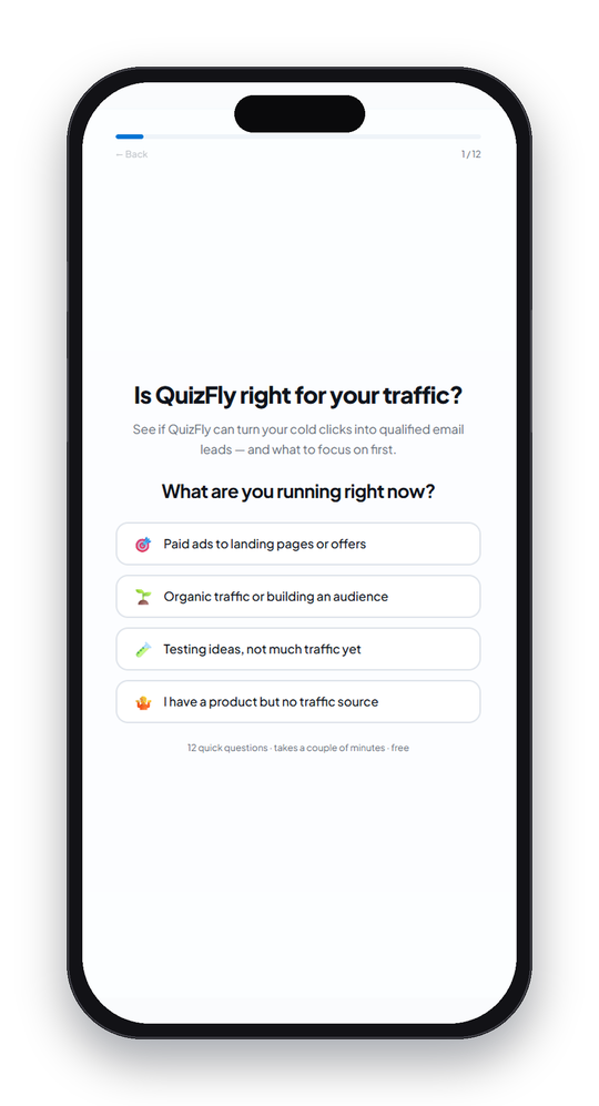 A published QuizFly quiz's first question on a phone