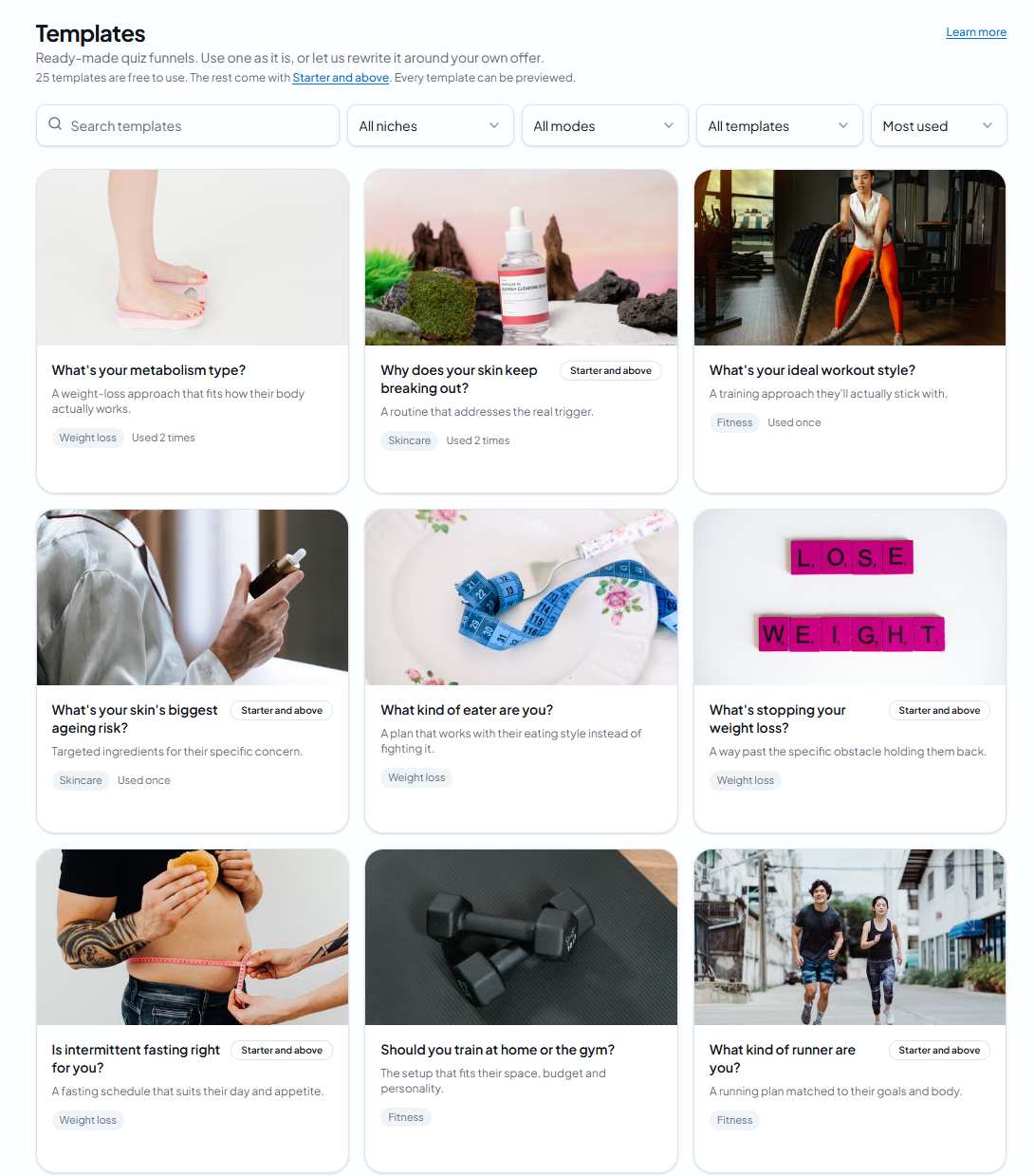 QuizFly template library showing ready-made quiz funnels