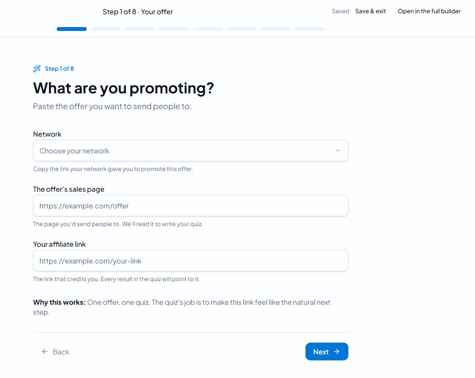 Step one of the QuizFly Wizard with network and offer link fields