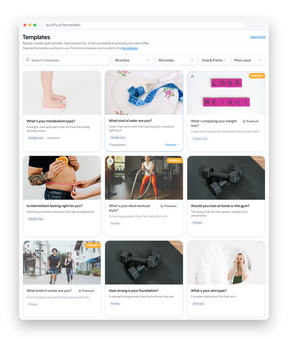 QuizFly templates gallery organised by niche