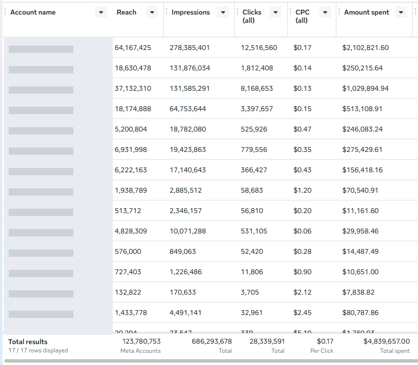 Meta Ads totals across our advertising accounts, with account names redacted