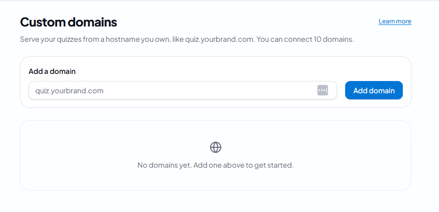 QuizFly custom domains screen for adding a hostname