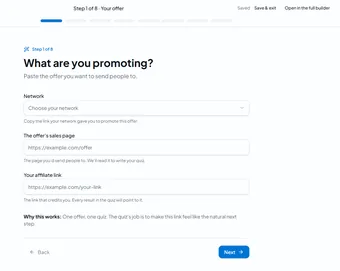 QuizFly Wizard asking for a product page and destination link