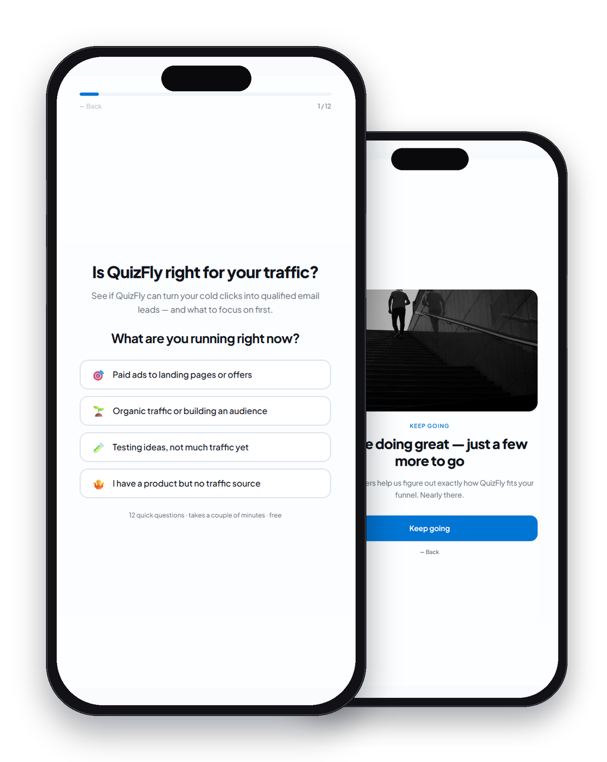 QuizFly quiz screens on phones: question, encouragement, email step and result