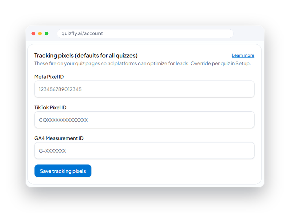 QuizFly tracking settings for Meta, TikTok, and Google Analytics